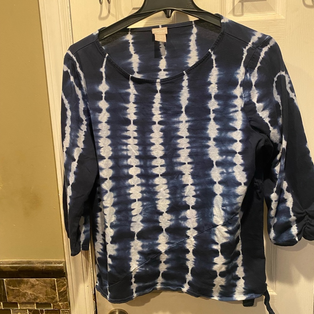 Chico's Tunic Top Women Size 3 Tye Die Ruched Long Sleeve Tie Front Round Neck